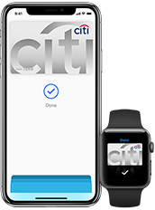 Apple Pay payment confirmation with a Citi card on iPhone and Apple Watch